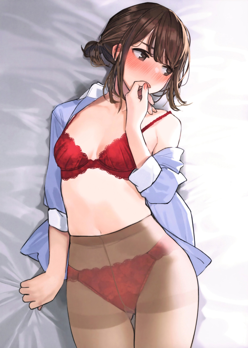 1girl absurdres bad_link bed_sheet blue_shirt blush bra breasts brown_eyes brown_hair brown_legwear collarbone douki-chan_(yomu_(sgt_epper)) fingernails ganbare_douki-chan gusset highres looking_away lying medium_breasts navel nose_blush office_lady on_back open_clothes open_shirt panties panties_under_pantyhose pantyhose red_bra red_panties scan shirt sleeves_rolled_up solo underwear yomu_(sgt_epper)
