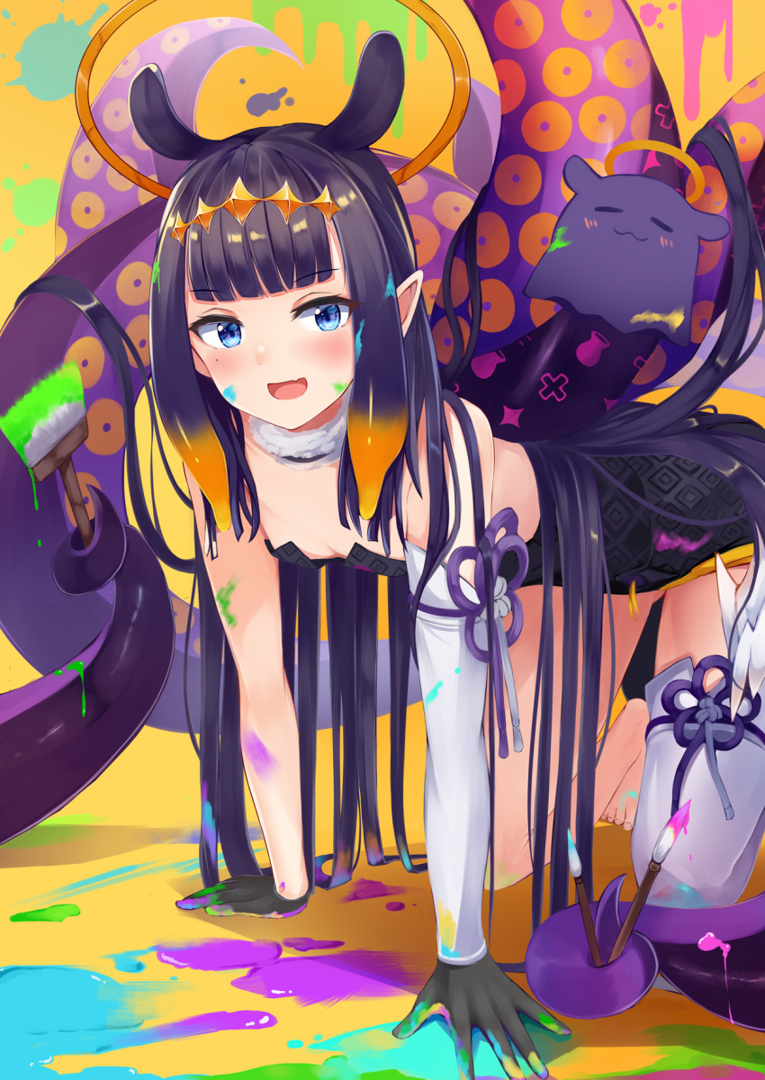 1girl :d all_fours bangs bare_shoulders black_dress black_gloves blue_eyes blunt_bangs breasts detached_sleeves dress fang gloves hair_ornament halo highres hololive hololive_english irohasu long_hair looking_at_viewer mole mole_under_eye ninomae_ina'nis open_mouth orange_background paint paint_in_hair paint_on_body paint_on_face paint_splatter paintbrush pointy_ears purple_hair single_detached_sleeve single_thighhigh skin_fang small_breasts smile solo tako_(ninomae_ina'nis) tentacle_hair tentacles thigh-highs tongue virtual_youtuber