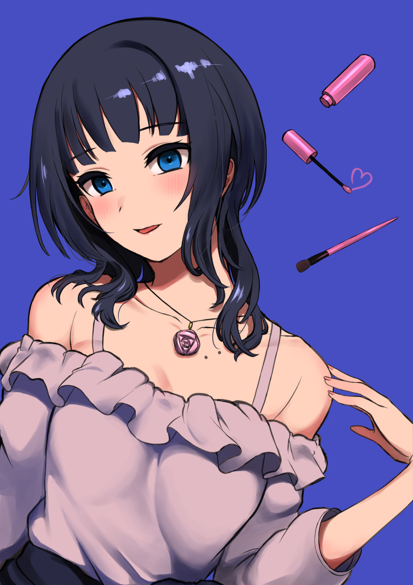 1girl absurdres asaka_karin bangs black_hair blue_background blue_eyes breasts collarbone hand_on_shoulder highres jewelry large_breasts looking_at_viewer love_live! love_live!_nijigasaki_high_school_idol_club makeup_brush medium_hair mole mole_on_body nail_polish necklace nishikino_kee off_shoulder open_mouth purple_shirt shirt sidelocks smile solo strap upper_body