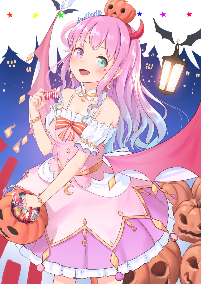 1girl :d aqua_eyes bare_shoulders breasts candy candy_hair_ornament commentary cowboy_shot crescent crescent_earrings detached_sleeves dress earrings english_commentary facial_mark fake_horns food food_themed_hair_ornament frilled_dress frills hair_ornament hairband halloween heterochromia highres himemori_luna hololive horns jack-o'-lantern jack-o'-lantern_hair_ornament jewelry lantern long_hair looking_at_viewer medium_breasts open_mouth pink_dress pink_hair puffy_detached_sleeves puffy_sleeves red_hairband roke_(taikodon) smile solo violet_eyes virtual_youtuber