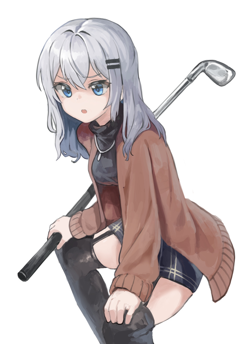 1girl absurdres blue_eyes cardigan commission garter_belt garter_straps golf_club hair_between_eyes hair_ornament hairclip highres holding jacket jewelry long_hair necklace open_mouth original seojinhui thigh-highs turtleneck white_hair