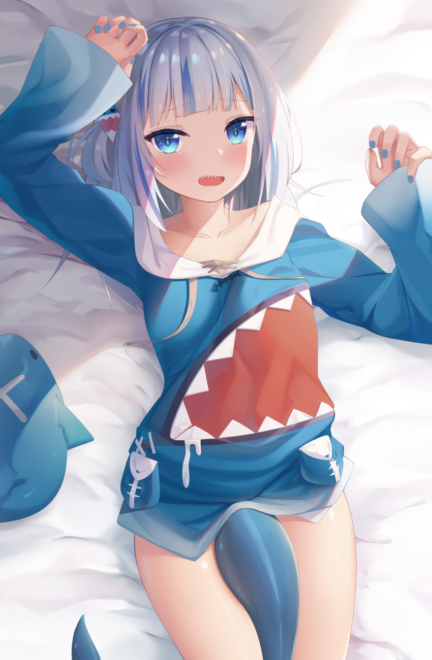 1girl absurdres arms_up bangs bed_sheet between_legs blue_dress blue_eyes blue_hair blue_nails blunt_bangs blush collarbone commentary cowboy_shot dress fish_tail gawr_gura highres hololive long_hair long_sleeves looking_at_viewer lying milk_box_(leoleo963852741) multicolored_hair nail_polish on_back on_bed one_side_up shark_tail sharp_teeth short_dress silver_hair sleeves_past_wrists solo streaked_hair stuffed_animal stuffed_shark stuffed_toy tail tail_between_legs teeth thighs upper_teeth virtual_youtuber