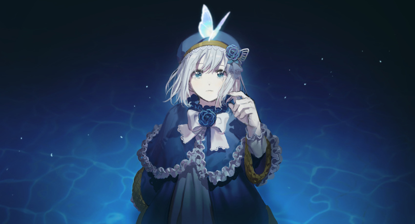 1girl blue_background blue_capelet blue_dress blue_eyes bow bug butterfly capelet copyright_request dress frills hair_ornament highres insect long_sleeves looking_at_viewer pale_skin simu_rr solo standing tearing_up white_bow white_hair wide_sleeves