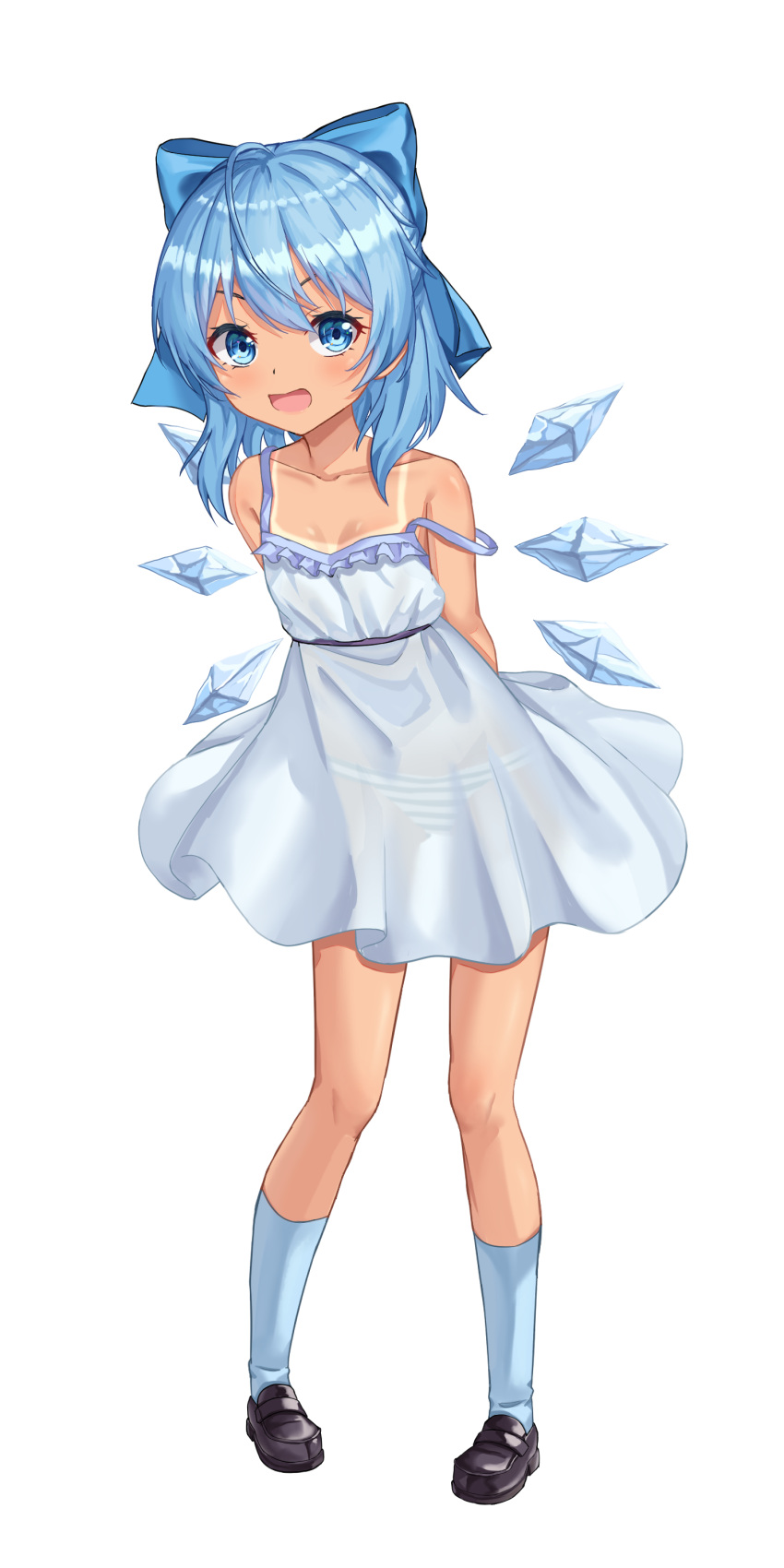 1girl absurdres bangs blue_bow blue_hair bow cirno collarbone dress full_body hair_between_eyes hair_bow happycloud highres ice ice_wings looking_at_viewer medium_hair panties see-through solo strap_slip striped striped_panties tan tanline tanned_cirno touhou underwear white_background white_dress wings