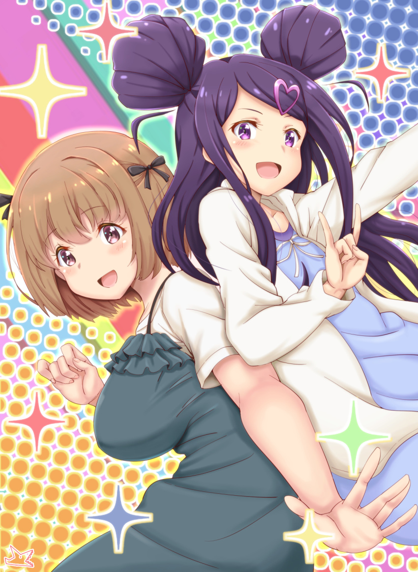 2girls :d black_bow blue_dress blush bow breasts brown_hair character_request dotted_background double_bun dress hair_bow hair_ornament heart heart_hair_ornament highres large_breasts long_hair looking_at_viewer multiple_girls ochikobore_fruit_tart open_mouth pose purple_hair samenoido sekino_roko short_sleeves smile sparkle violet_eyes