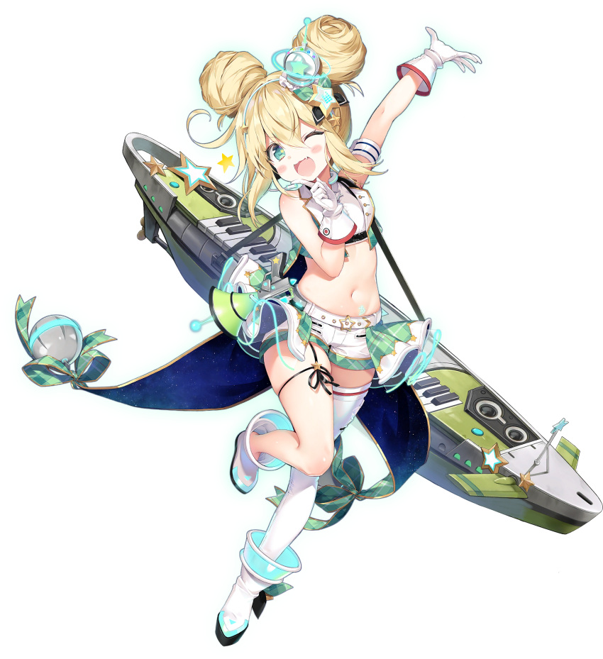 1girl ;d albacore_(azur_lane) albacore_(muse)_(azur_lane) arm_up armband azur_lane bare_arms bare_shoulders belt blonde_hair boots byulzzi crop_top double_bun fang full_body garter_straps gloves green_eyes green_vest hair_ornament highres idol long_hair looking_at_viewer machinery megaphone midriff navel official_alternate_costume official_art one_eye_closed open_mouth shirt short_shorts shorts single_thighhigh sleeveless sleeveless_shirt smile solo stomach thigh-highs thighs transparent_background vest white_footwear white_gloves white_legwear white_shirt white_shorts