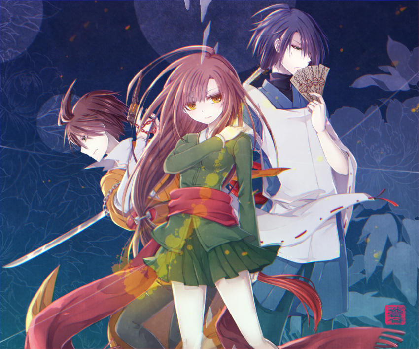 1girl 2boys ahoge arm_at_side black_pants blue_background breaker_(game) brown_hair green_shirt green_skirt hand_on_own_shoulder holding holding_sword holding_weapon katana long_hair long_sleeves multiple_boys pants physics_point red_scarf ribbon-trimmed_sleeves ribbon_trim scarf shirt skirt sword talisman weapon wide_sleeves yellow_eyes