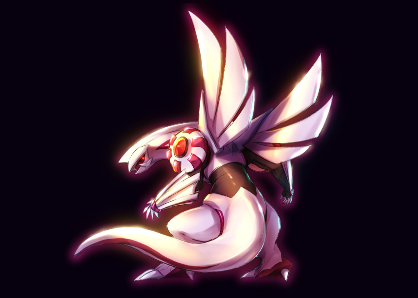 akihorisu black_background claws commentary_request full_body gen_4_pokemon glowing glowing_eyes legendary_pokemon looking_back no_humans palkia pokemon pokemon_(creature) red_eyes shiny simple_background solo tail