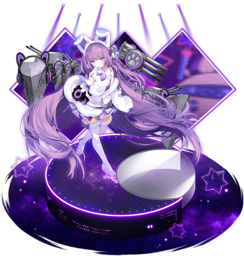 1girl absurdly_long_hair animal_ears azur_lane bare_shoulders blue_eyes boots bow byulzzi coat covering_mouth fake_animal_ears fur_trim gloves hair_bow highres idol long_hair looking_at_viewer machinery miniskirt off_shoulder official_art paw_gloves paws pleated_skirt purple_hair purple_skirt shirt skirt sleeveless sleeveless_shirt solo stage stage_lights tashkent_(azur_lane) tashkent_(muse)_(azur_lane) thigh-highs thigh_boots torpedo_launcher transparent_background turret two_side_up very_long_hair white_coat white_footwear zettai_ryouiki