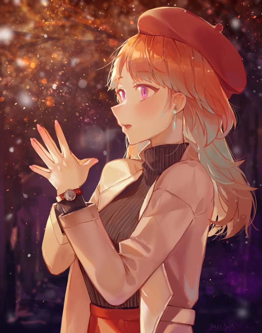 1girl absurdres alternate_costume beret casual hands_together hat highres hololive hololive_english looking_ahead misu_(miisuuu) open_mouth orange_hair red_headwear ribbed_sweater solo sweater takanashi_kiara virtual_youtuber watch watch