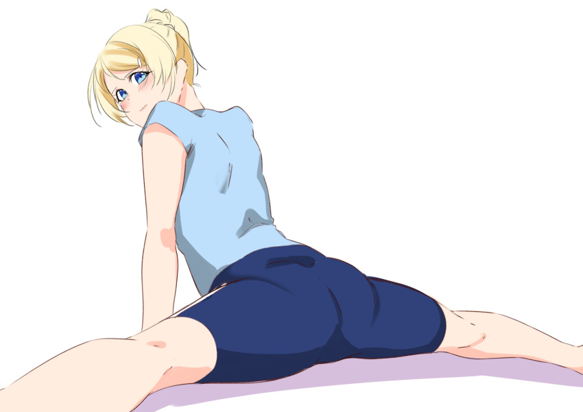 1girl akira_miku_ver arm_support ass ayase_eli blonde_hair blue_eyes blue_shirt blue_shorts blush from_behind looking_at_viewer love_live! love_live!_school_idol_project love_live!_sunshine!! ponytail shirt shorts solo spread_legs stretch white_background