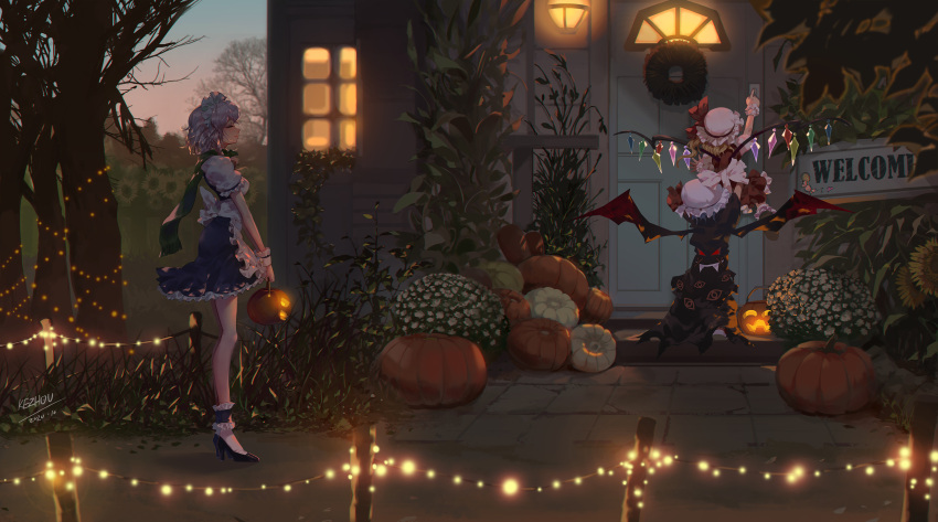 3girls absurdres apron bat_wings blonde_hair blue_hair braid closed_eyes closed_mouth crystal door dress evening flandre_scarlet full_body halloween halloween_costume hat highres izayoi_sakuya kezhou lifting_person light lips long_hair maid medium_hair mob_cap multiple_girls outdoors pumpkin remilia_scarlet scarf scenery siblings side_ponytail sisters smile standing touhou window wings