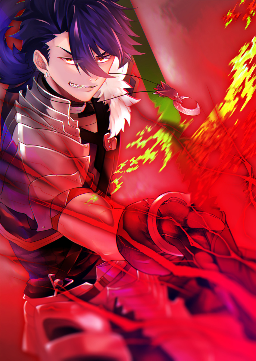 1boy armor blue_hair bracelet choker crescent_necklace cu_chulainn_(fate)_(all) cu_chulainn_(fate/prototype) earrings fate/prototype fate_(series) fur gae_bolg gloves grin highres holding holding_weapon hoop_earrings incoming_attack jewelry long_hair male_focus momijisio orange_eyes pauldrons polearm ponytail sharp_teeth shoulder_armor slit_pupils smile solo spear spiky_hair strap teeth type-moon weapon