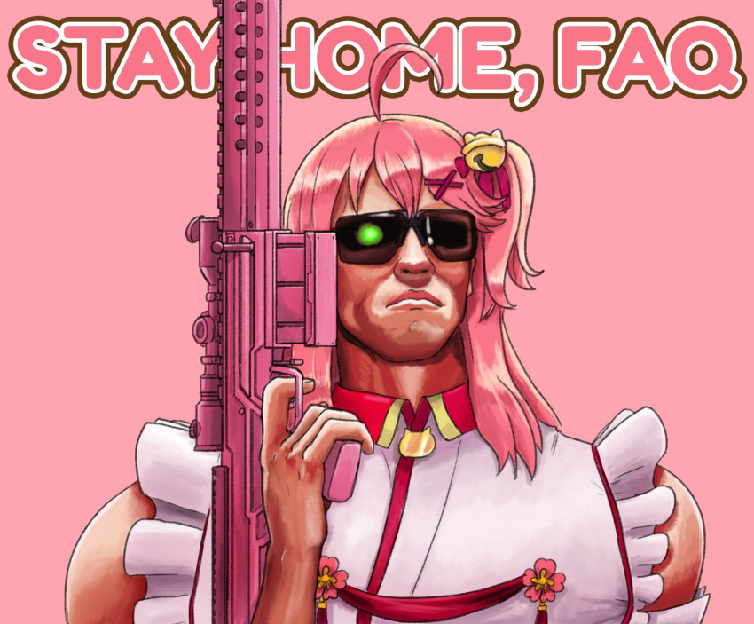 agito666 ahoge arnold_schwarzenegger bangs bare_shoulders bell english_commentary english_text glowing glowing_eye gun hair_bell hair_ornament hand_up highres holding holding_gun holding_weapon hololive one_side_up parody pink_background pink_hair red_ribbon ribbon sakura_miko shiny shiny_hair sleeveless solo sunglasses t-800 terminator upper_body virtual_youtuber weapon x_hair_ornament