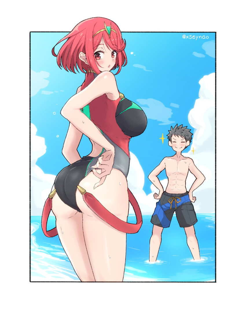 1boy 1girl :o ass bangs black_swimsuit blush breasts competition_swimsuit from_behind highres large_breasts looking_back male_swimwear mochimochi_(xseynao) one-piece_swimsuit pyra_(xenoblade) red_eyes redhead shirtless short_hair swept_bangs swim_trunks swimsuit swimwear tiara xenoblade_chronicles_(series) xenoblade_chronicles_2