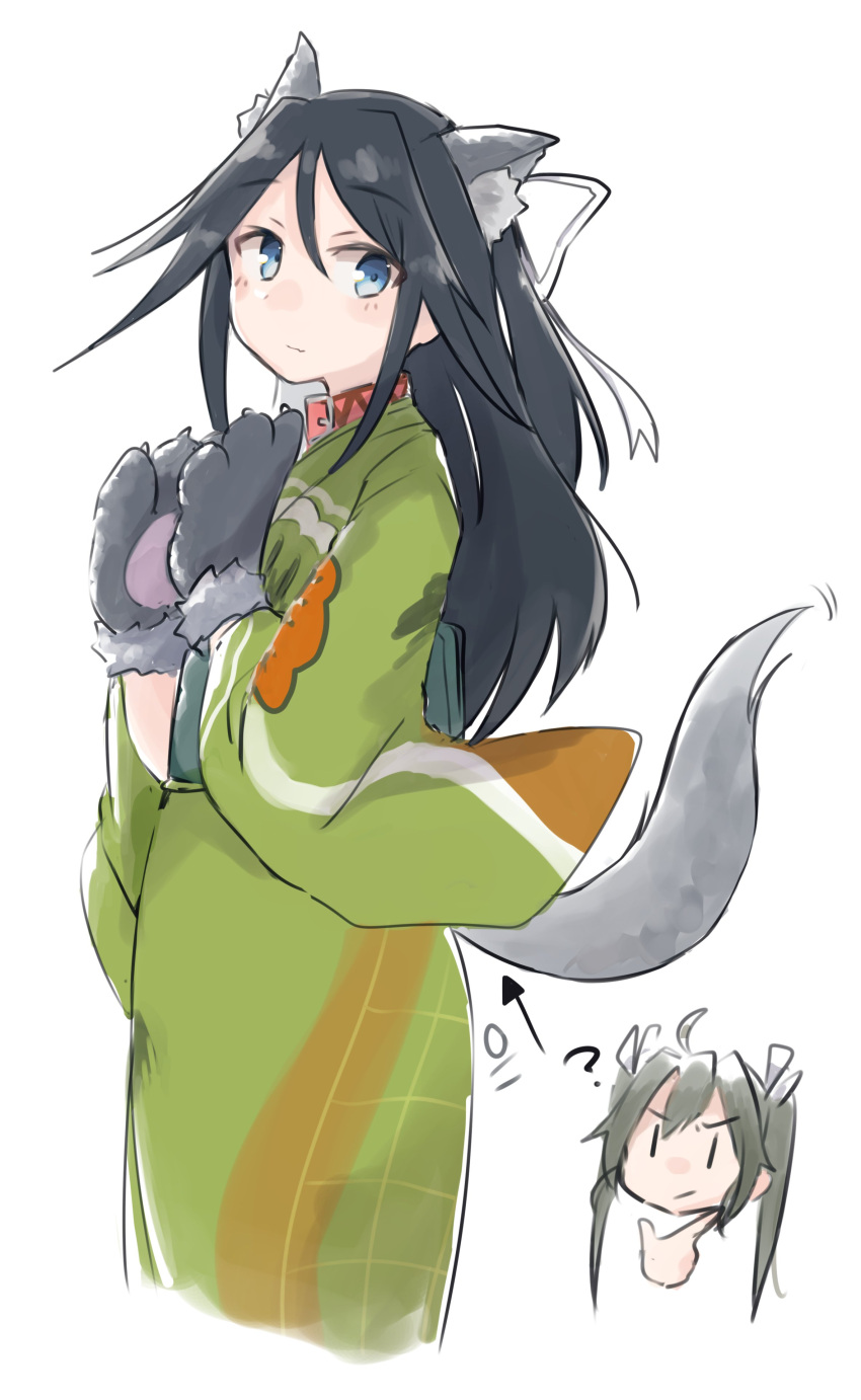 2girls ? absurdres animal_ears artist_logo black_hair blue_eyes cowboy_shot green_kimono hair_ribbon head_only highres japanese_clothes kantai_collection katsuragi_(kantai_collection) kimono long_hair ma_rukan multiple_girls ponytail ribbon simple_background solo_focus tail white_background wolf_ears wolf_tail zuikaku_(kantai_collection)