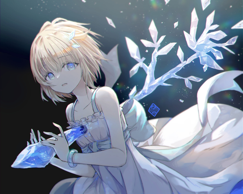 1girl black_background blonde_hair blue_eyes bracelet copyright_name copyright_request dress highres ice jewelry looking_at_viewer physics_point short_hair simple_background white_dress