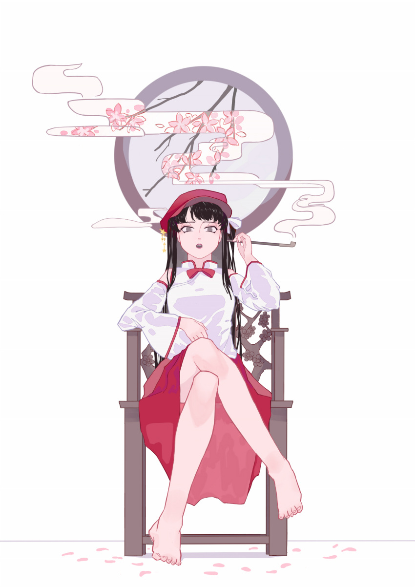 :o bangs bare_legs bare_shoulders barefoot black_hair breasts crossed_legs detached_sleeves dolls_in_pseudo_paradise flat_cap foresty full_body grey_eyes hat highres holding holding_pipe label_girl_(dipp) long_hair looking_at_viewer medium_breasts nail petals pipe red_neckwear red_ribbon red_skirt ribbon shirt simple_background sitting skirt toes touhou white_background white_shirt