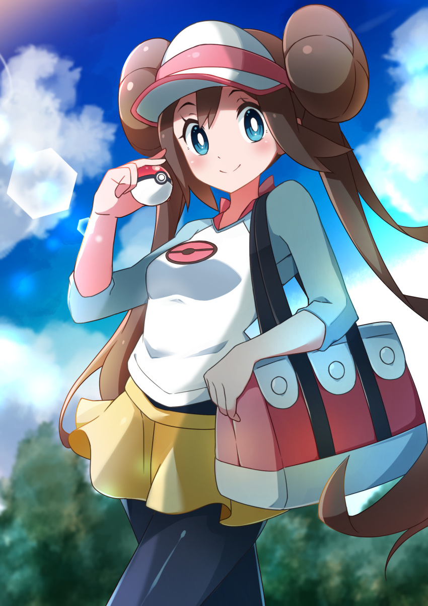 1girl absurdres bag bangs black_legwear blue_eyes blush breasts brown_hair closed_mouth clouds commentary_request day double_bun eyelashes highres holding holding_poke_ball legwear_under_shorts lens_flare long_hair miyama-san outdoors pantyhose poke_ball poke_ball_(basic) pokemon pokemon_(game) pokemon_bw2 raglan_sleeves rosa_(pokemon) shirt short_shorts shorts sidelocks sky sleeves_past_elbows smile solo twintails visor_cap yellow_shorts