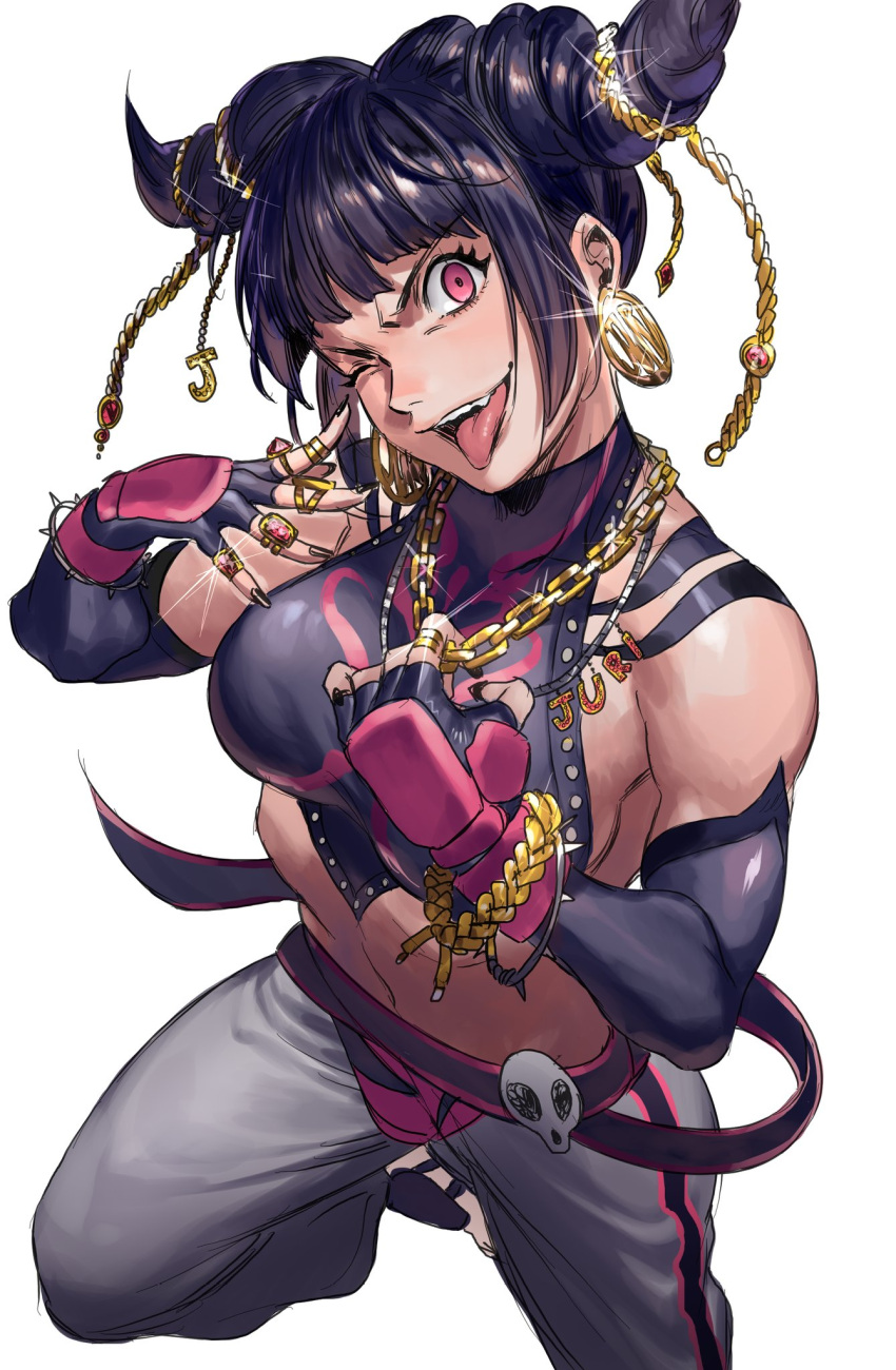 1girl black_hair black_nails bracelet breasts chain commentary cowboy_shot crop_top earrings english_commentary glint gold han_juri hanny_(uirusu_chan) highres jewelry looking_at_viewer medium_breasts medium_hair midriff multiple_rings nail_polish navel one_eye_closed open_mouth pants pink_eyes ring simple_background solo spiked_bracelet spikes street_fighter street_fighter_iv_(series) tongue tongue_out twintails white_background white_pants