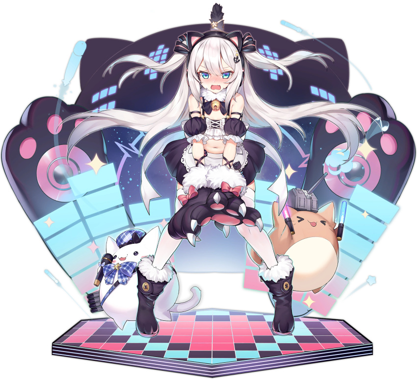1girl alternate_costume animal_ears apron azur_lane bare_shoulders bell black_skirt blue_eyes blush cat cat_ears crop_top detached_collar detached_sleeves embarrassed enmaided fake_animal_ears floating_hair gloves hairband hammann_(azur_lane) hammann_(hammanyan_pawnch!)_(azur_lane) highres idol jingle_bell kaede_(yumesaki_kaede) long_hair looking_at_viewer maid maid_apron meowfficer_(azur_lane) midriff miniskirt navel nose_blush official_art open_mouth paw_gloves paw_shoes paws shoes silver_hair skirt solo thigh-highs transparent_background two_side_up v-shaped_eyebrows very_long_hair waist_apron white_legwear zettai_ryouiki