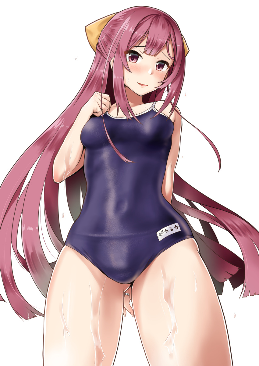 1girl absurdres arm_behind_back ass_visible_through_thighs black_swimsuit blush bow breasts competition_school_swimsuit covered_navel cowboy_shot eyebrows_visible_through_hair gradient_hair hair_between_eyes hair_ribbon highres jewelry kamikaze_(kantai_collection) kantai_collection long_hair minase_(takaoka_nanase) multicolored_hair new_school_swimsuit one-piece_swimsuit open_mouth pink_hair ribbon ring school_swimsuit small_breasts solo swimsuit thighs violet_eyes wedding_band yellow_bow yellow_ribbon