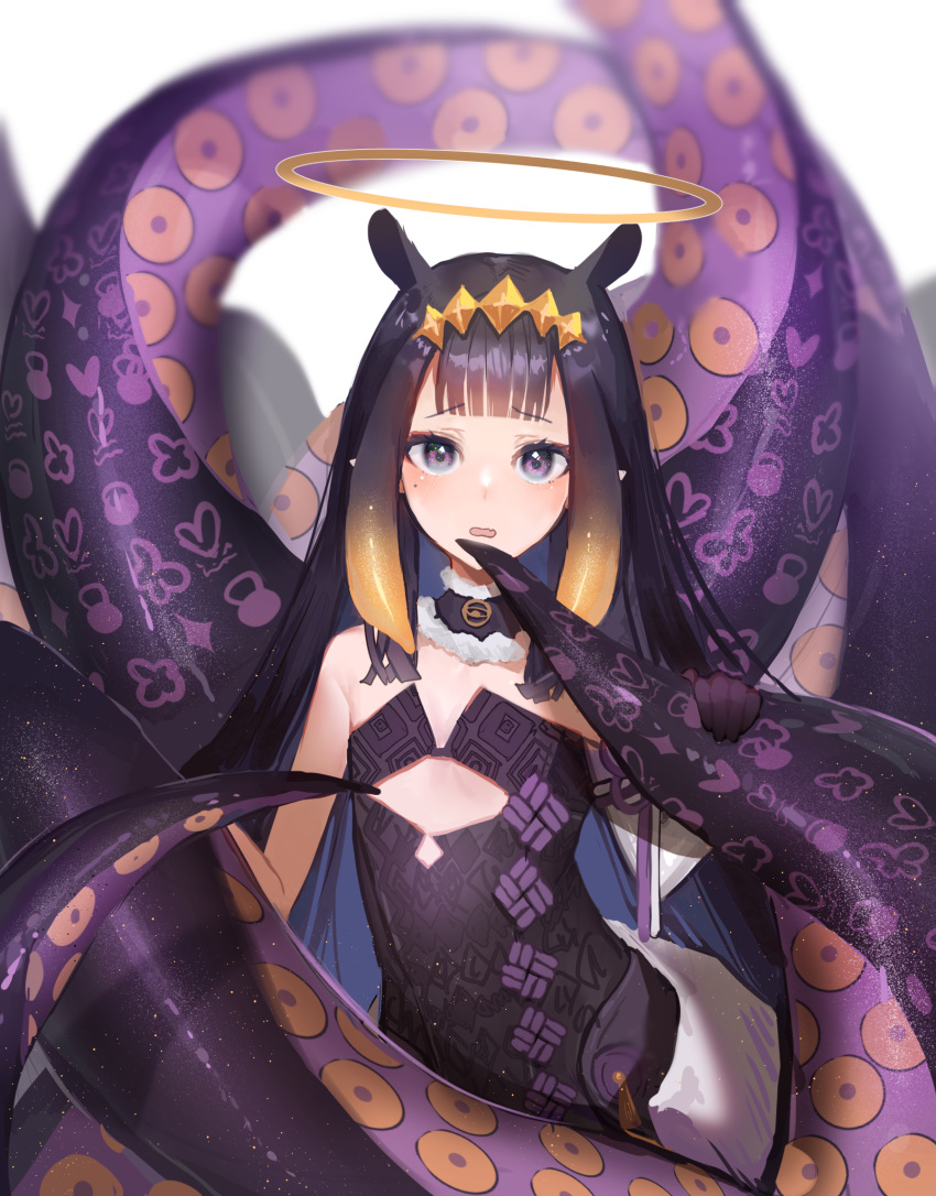 1girl bangs black_hair flat_chest halo highres hololive hololive_english looking_at_viewer misu_(miisuuu) ninomae_ina'nis open_mouth solo surprised tentacles violet_eyes virtual_youtuber