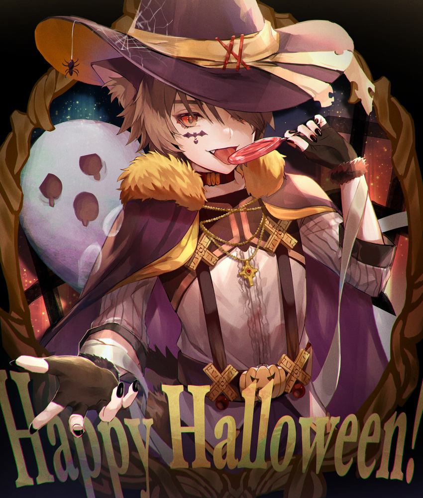 1boy animal_ears belt black_nails brown_hair candy choker coat cross eating facial_mark fang food fur_coat fur_collar fur_trim ghost gloves halloween hat highres jewelry lollipop male_focus necklace orange_eyes original pants penguu_(green528) shirt tongue tongue_out wolf_boy wolf_ears