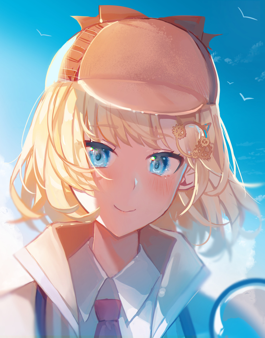 1girl blonde_hair blue_eyes close-up had hair_ornament highres hololive hololive_english light_blush looking_down mini_necktie misu_(miisuuu) red_neckwear smile solo virtual_youtuber watson_amelia