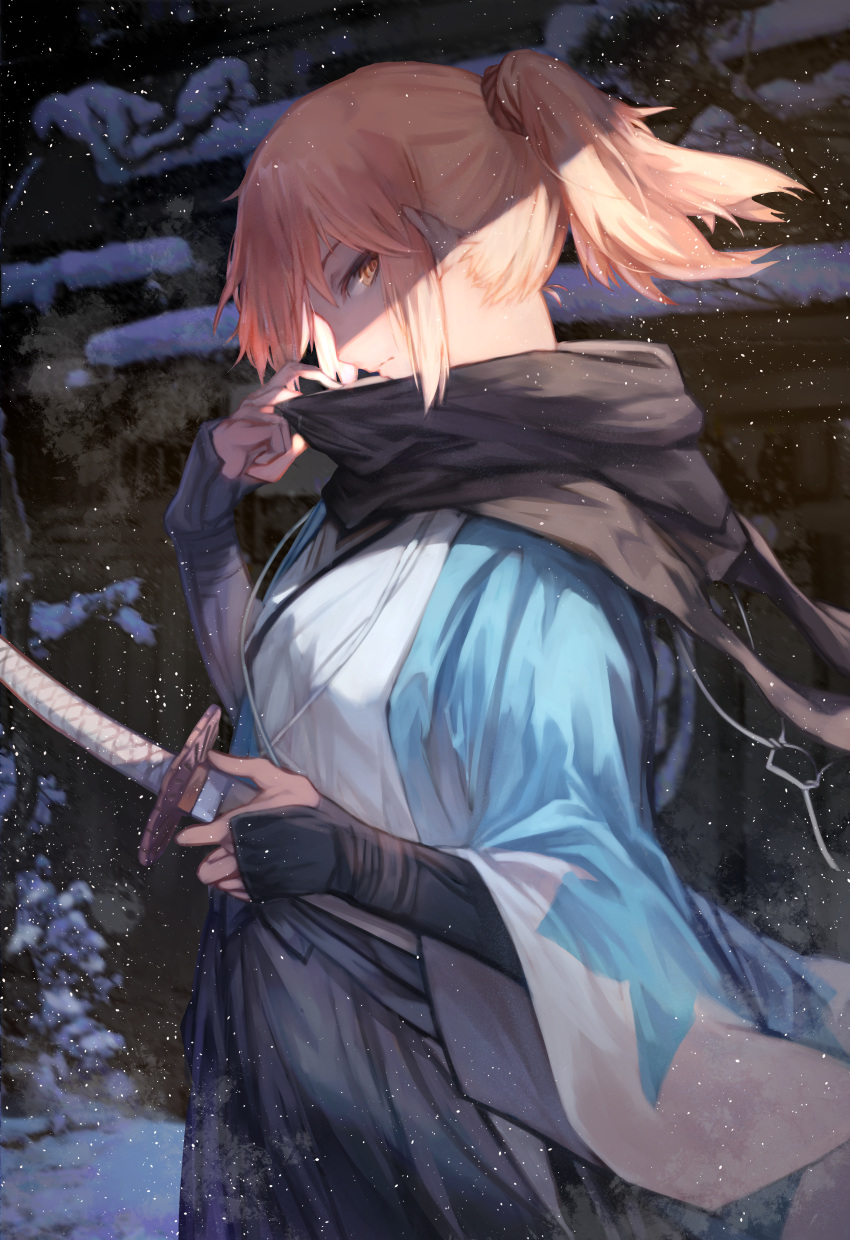 1girl absurdres bridal_gauntlets fate/grand_order fate_(series) hakama haori highres huge_filesize japanese_clothes katana koha-ace looking_back okita_souji_(fate) okita_souji_(fate)_(all) ponytail saitogiulio scarf sword weapon wide_sleeves wind