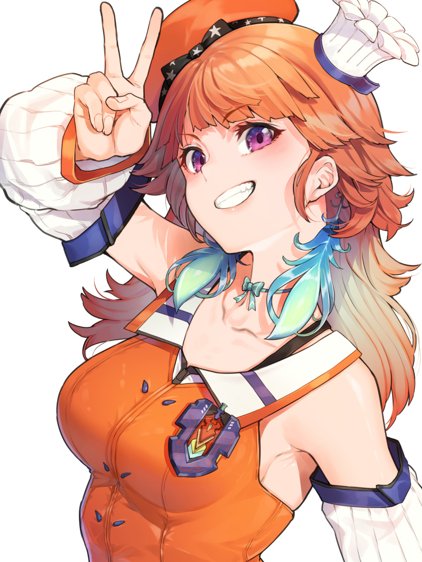 1girl armpits beret blue_hair breasts chef_hat collarbone detached_sleeves feathers grin hat highres hololive hololive_english long_hair medium_breasts mikan_(chipstar182) mini_hat multicolored_hair orange_hair simple_background smile solo takanashi_kiara two-tone_hair upper_body v violet_eyes virtual_youtuber white_background