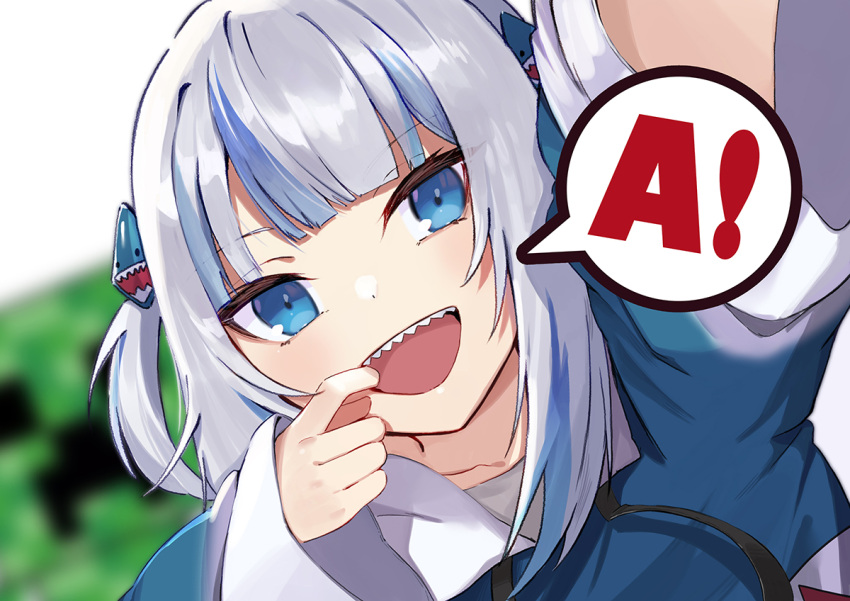 1girl a bangs blue_eyes blue_hair finger_in_mouth gawr_gura hair_ornament hololive hololive_english hood looking_at_viewer multicolored_hair open_mouth ranyu shark_hair_ornament sharp_teeth smile solo speech_bubble streaked_hair teeth two_side_up upper_teeth virtual_youtuber