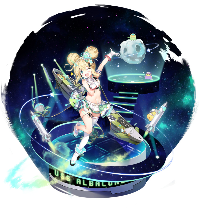 1girl ;d albacore_(azur_lane) albacore_(muse)_(azur_lane) arm_up armband azur_lane bare_arms bare_shoulders belt blonde_hair boots byulzzi crop_top double_bun full_body garter_straps gloves green_eyes green_vest hair_ornament highres idol long_hair looking_at_viewer machinery megaphone midriff navel official_alternate_costume official_art one_eye_closed open_mouth rocket shirt short_shorts shorts single_thighhigh sleeveless sleeveless_shirt smile solo stomach thigh-highs thighs transparent_background vest white_footwear white_gloves white_legwear white_shirt white_shorts