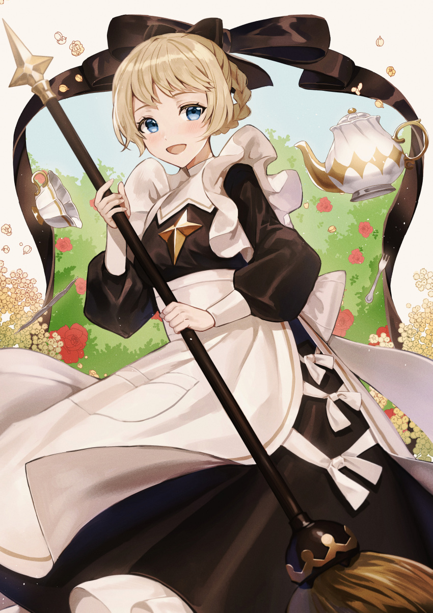 1girl :d absurdres afk_arena apron bangs black_bow black_dress blue_eyes bow braid broom commentary_request cup dress hair_bow hair_rings highres holding holding_broom huge_filesize light_brown_hair long_sleeves looking_at_viewer maid open_mouth puffy_long_sleeves puffy_sleeves short_hair smile solo teacup teapot tiny_(tini3030) white_apron