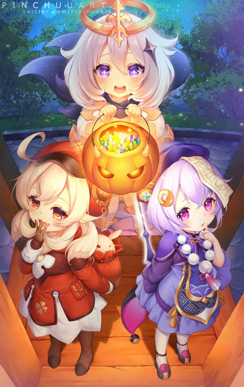 +_+ 3girls :d :o ahoge bag bangs beads blonde_hair blue_eyes boots braid brown_gloves bucket cabbie_hat candy cape dress fang finger_to_mouth floating food full_body genshin_impact gloves hair_between_eyes hair_ornament halloween halo hand_to_own_mouth hat highres holding jack-o'-lantern klee_(genshin_impact) long_sleeves looking_at_viewer multiple_girls ofuda open_mouth paimon_(genshin_impact) pinchuu purple_hair purple_headwear qing_guanmao qiqi red_dress red_eyes red_headwear scarf short_hair skin_fang smile thigh-highs twintails twitter_username upper_teeth violet_eyes white_dress white_hair white_legwear wide_sleeves