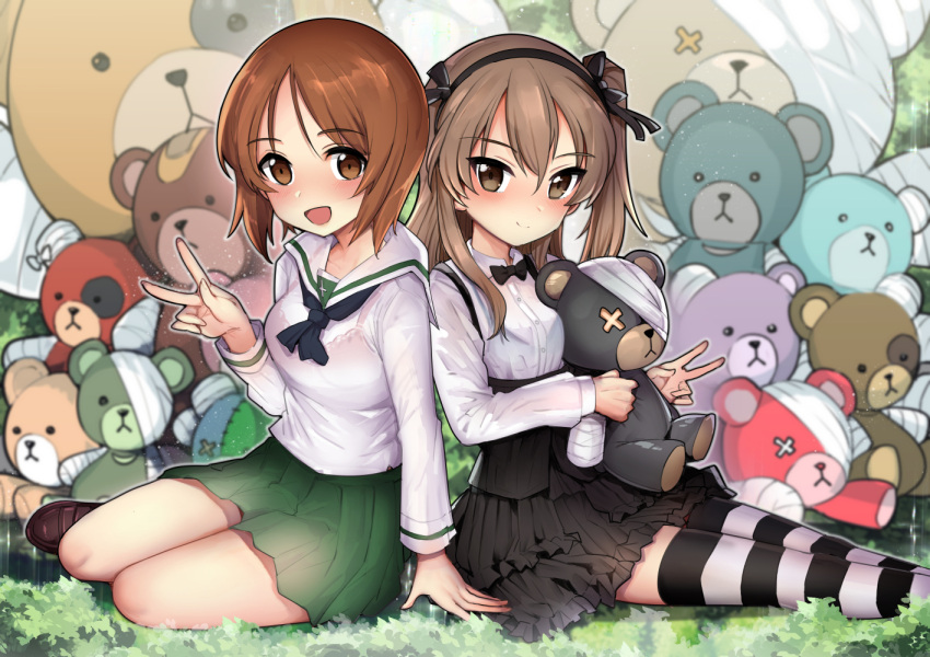 2girls arm_support back-to-back bandages bangs black_legwear black_neckwear black_ribbon black_skirt blouse blush boko_(girls_und_panzer) bow bowtie bralines brown_eyes brown_footwear brown_hair casual closed_mouth collared_shirt commentary_request eyebrows_visible_through_hair girls_und_panzer grass green_skirt hair_ribbon high-waist_skirt holding holding_stuffed_toy layered_skirt light_brown_hair loafers long_hair long_sleeves looking_at_viewer miniskirt multiple_girls nakasone_haiji neckerchief nishizumi_miho one_side_up ooarai_school_uniform open_mouth pleated_skirt ribbon sailor_collar school_uniform serafuku shimada_arisu shirt shoes short_hair sitting skirt smile striped striped_legwear stuffed_animal stuffed_toy suspender_skirt suspenders teddy_bear thigh-highs v white_blouse white_sailor_collar white_shirt yokozuwari