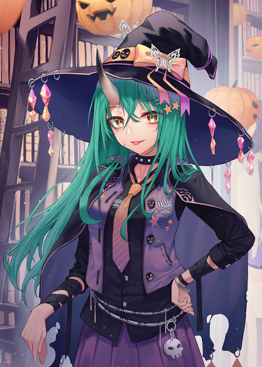 1girl :p alternate_costume arknights bangs black_headwear black_shirt cape commentary green_hair hair_between_eyes hand_on_hip hat highres horns hoshiguma_(arknights) jack-o'-lantern ladder long_hair long_sleeves myung necktie parted_lips pleated_skirt purple_skirt shirt single_horn skirt smile solo tongue tongue_out witch_hat yellow_eyes