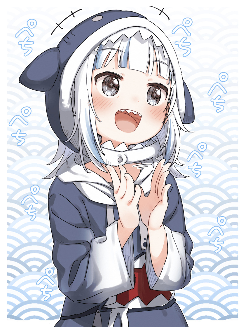 +++ +_+ 1girl :d absurdres animal_hood blue_hair blue_hoodie blush clapping commentary_request drawstring gawr_gura grey_eyes hand_up hands_up happy highres hololive hololive_english hood hood_up hoodie long_sleeves looking_away multicolored_hair open_mouth shark_hood sharp_teeth smile solo streaked_hair teeth upper_body virtual_youtuber white_hair wide_sleeves yukie_(kusaka_shi)