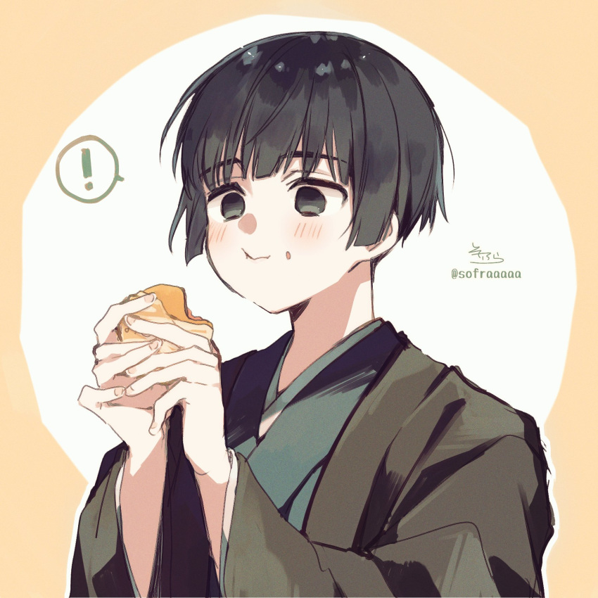 ! 1boy :t bangs black_eyes black_hair black_kimono brown_background closed_mouth commentary_request copyright_request eating eyebrows_visible_through_hair food food_on_face highres holding holding_food japanese_clothes kimono long_sleeves looking_away male_focus open_clothes signature sofra solo spoken_exclamation_mark twitter_username two-tone_background upper_body wavy_mouth white_background wide_sleeves