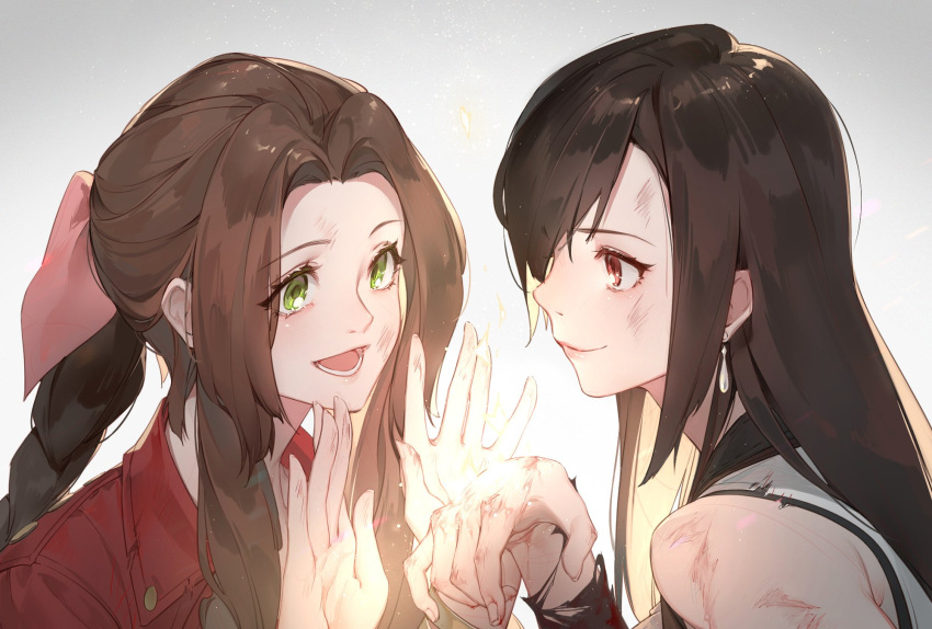 2girls aerith_gainsborough artist_request aura bangs blood bloody_clothes brown_hair crop_top earrings final_fantasy final_fantasy_vii fingernails green_eyes hair_ribbon healing highres injury jacket jewelry multiple_girls open_hands open_mouth parted_bangs pink_ribbon red_eyes red_jacket ribbon shirt sleeveless sleeveless_shirt smile source_request tifa_lockhart torn_clothes white_shirt