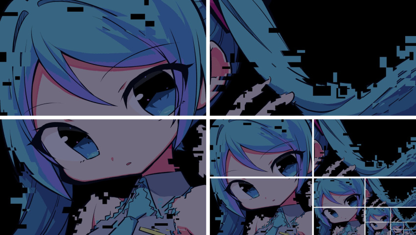 1girl aqua_eyes aqua_hair aqua_neckwear bare_shoulders black_background detached_sleeves digital_dissolve glitch grey_shirt hair_ornament hand_up hatsune_miku highres kasaki_sakura long_hair looking_at_viewer necktie parted_lips recursion shirt sleeveless sleeveless_shirt solo twintails upper_body very_long_hair vocaloid