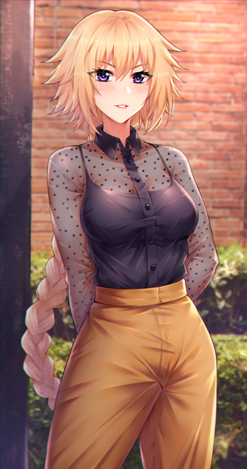 1girl absurdres alternate_costume arms_behind_back bangs blonde_hair blue_eyes blush braid breasts choukoukou_no_diaosi clothes_tucked_in collared_shirt commentary_request cowboy_shot dress_shirt eyebrows_visible_through_hair fate/grand_order fate_(series) highres jeanne_d'arc_(fate) jeanne_d'arc_(fate)_(all) large_breasts long_braid long_hair long_sleeves looking_at_viewer outdoors pants see-through see-through_shirt see-through_sleeves shirt shirt_tucked_in single_braid smile solo standing stone_wall teeth very_long_hair violet_eyes wall