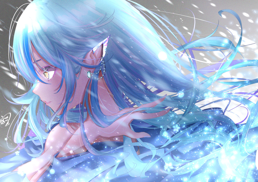 1girl absurdres blue_hair commentary_request earrings elf eyebrows_visible_through_hair floating_hair from_side hair_between_eyes highres hololive huge_filesize jewelry long_hair pointy_ears signature snow solo upper_body urotare virtual_youtuber yellow_eyes yukihana_lamy