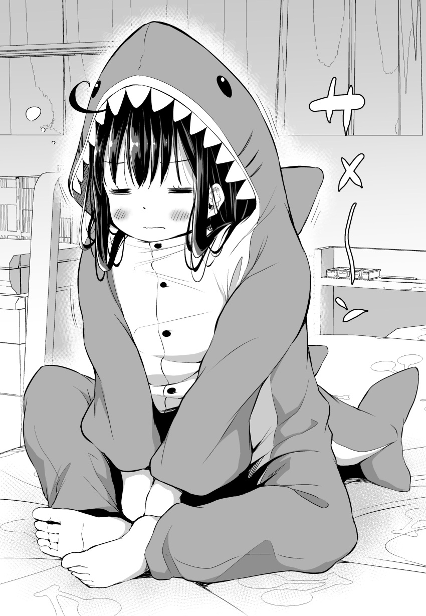 1girl =_= absurdres ahoge airandou animal_costume barefoot bed_sheet blush closed_eyes closed_mouth commentary costume full_body greyscale highres indian_style indoors long_sleeves monochrome on_bed original shark_costume sitting sleepy soles solo translated wavy_mouth
