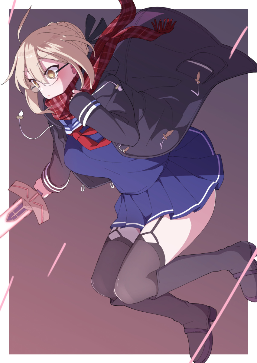 1girl ahoge akitokage01 artoria_pendragon_(all) bangs black-framed_eyewear black_jacket black_legwear blonde_hair blue_shirt blue_skirt boots border braid breasts commentary_request excalibur fate/grand_order fate_(series) french_braid from_side full_body garter_straps glasses hand_up highres holding holding_sword holding_weapon jacket knee_boots knees_together_feet_apart long_sleeves miniskirt mysterious_heroine_x_(alter) neckerchief open_clothes outside_border plaid plaid_scarf pleated_skirt red_scarf rimless_eyewear sailor_collar scarf school_uniform serafuku shirt short_hair skirt sleeves_past_wrists solo sword thigh-highs weapon white_border yellow_eyes zettai_ryouiki