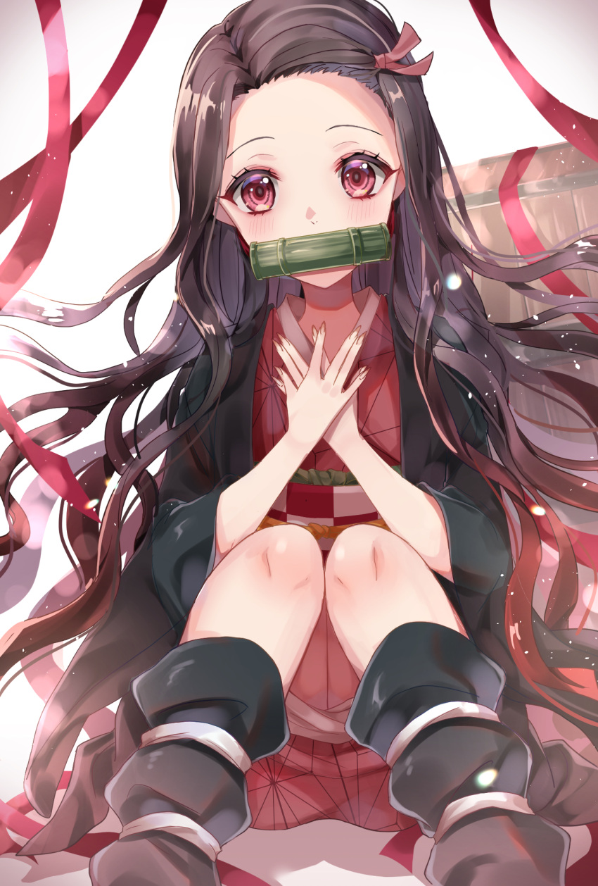 1girl brown_hair flat_chest floating_hair hands_on_own_chest highres kamado_nezuko kebaboishii kimetsu_no_yaiba long_hair looking_at_viewer pink_eyes sitting solo very_long_hair