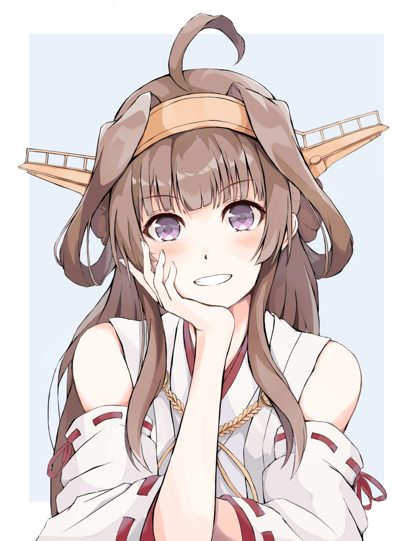 1girl ahoge brown_hair chin_rest dairyo3 detached_sleeves double_bun hairband hand_on_own_cheek headgear highres japanese_clothes kantai_collection kongou_(kantai_collection) long_hair looking_at_viewer nontraditional_miko remodel_(kantai_collection) ribbon-trimmed_sleeves ribbon_trim smile solo upper_body violet_eyes