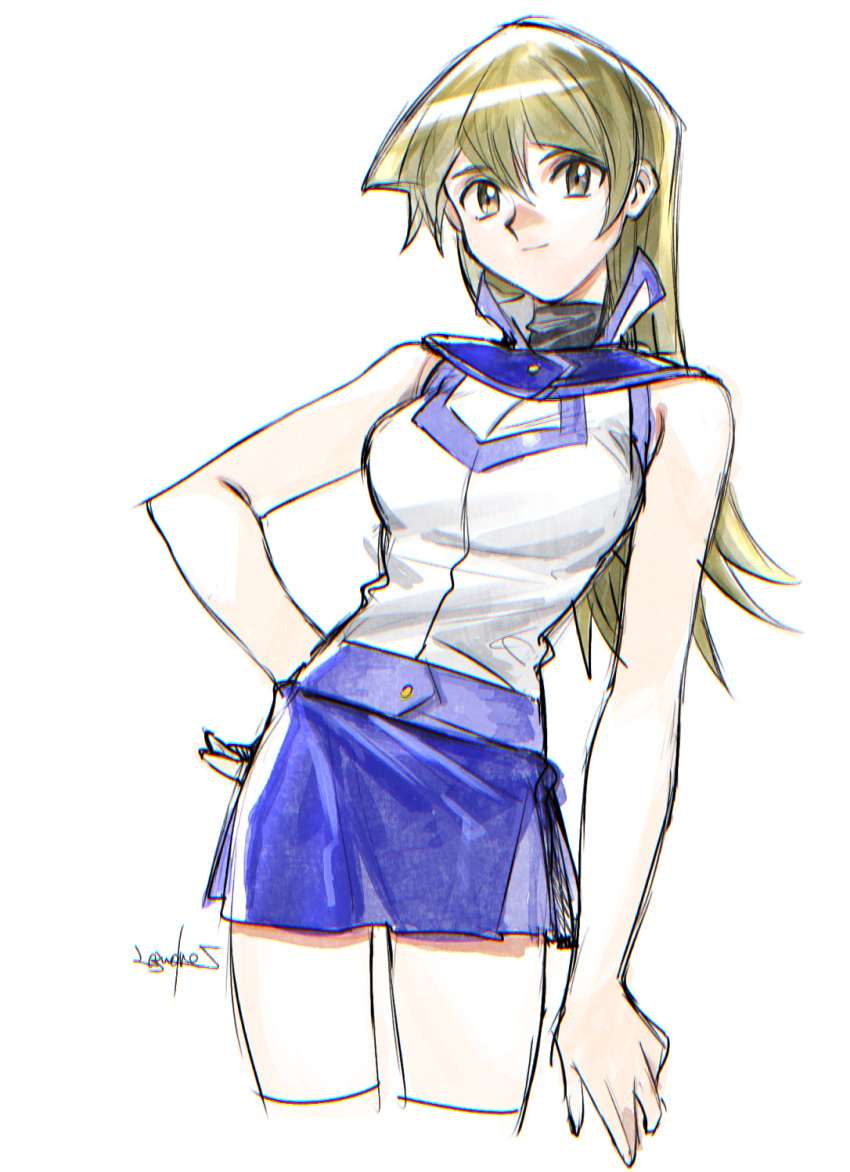 1girl 203wolves bangs blonde_hair blue_skirt breasts brown_eyes closed_mouth contrapposto cowboy_shot cropped_legs duel_academy_uniform_(yuu-gi-ou_gx) eyebrows_visible_through_hair hair_between_eyes hand_on_hip highres long_hair looking_at_viewer medium_breasts miniskirt shiny shiny_hair shirt signature simple_background sketch skirt sleeveless sleeveless_shirt smile solo standing straight_hair tenjouin_asuka thigh-highs turtleneck white_background white_shirt yu-gi-oh! yu-gi-oh!_gx