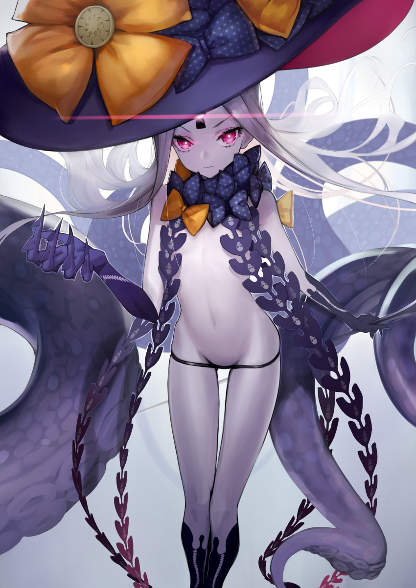 1girl abigail_williams_(fate/grand_order) backlighting bangs bare_shoulders black_bow black_headwear black_panties bow breasts fate/grand_order fate_(series) forehead glowing glowing_eye hat highres keyhole long_hair mins_(minevi) multiple_bows navel orange_bow panties parted_bangs red_eyes small_breasts tentacles thighs third_eye underwear white_hair white_skin witch_hat