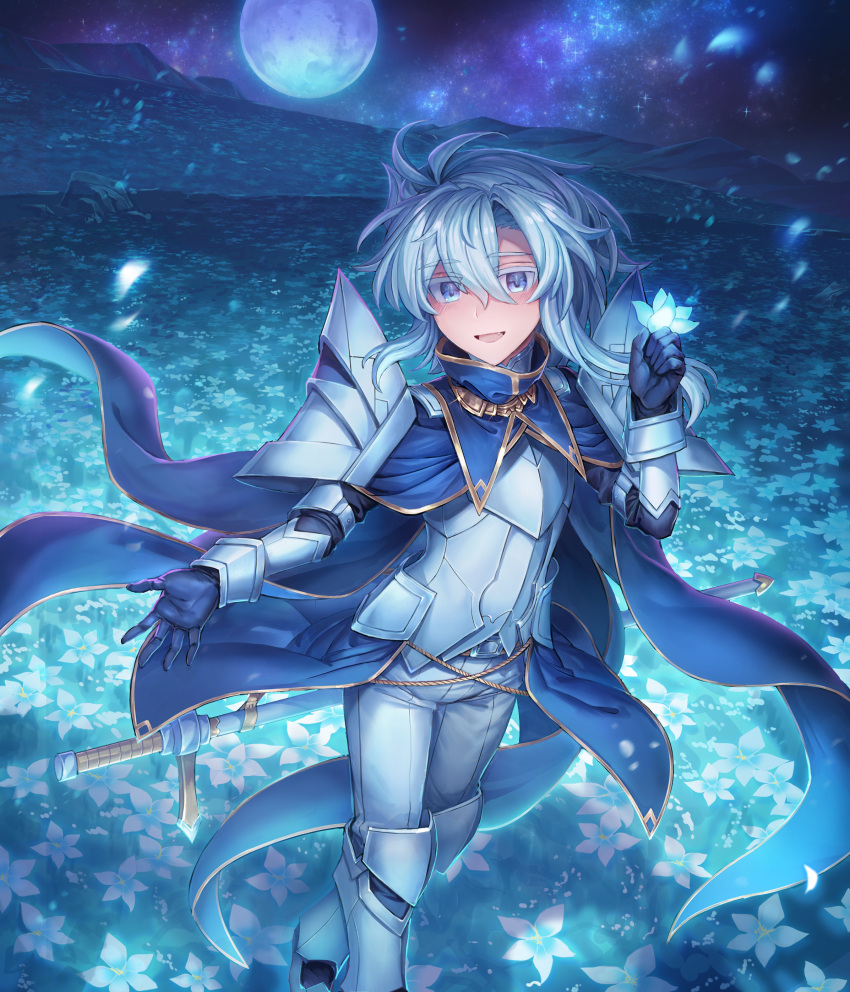 1other :d absurdres androgynous armor black_gloves blue_cape blue_eyes blue_hair breastplate cape flower full_moon gloves hair_between_eyes hand_up highres holding holding_flower knight_(shichigatsu) looking_at_viewer medium_hair metal_boots milky_way moon open_mouth original outdoors pants pauldrons shichigatsu shoulder_armor smile solo star_(sky) sword walking weapon white_pants